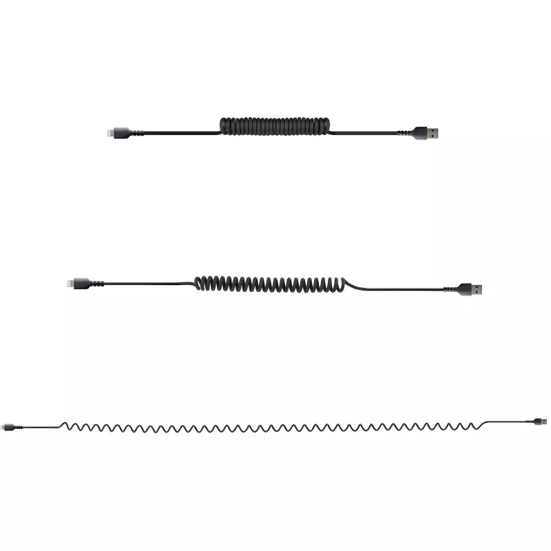 Cavo USB a Lightning StarTech.com 1 m (3 ft), certificato MFi, cavo di ricarica iPhone a spirale, nero, guaina TPE resistente in fibra aramidica, robusto cavo a spirale Lightning