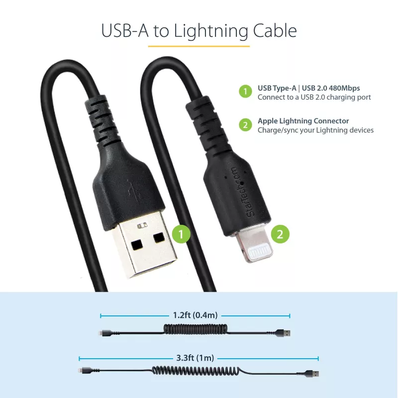 Cavo USB a Lightning StarTech.com 1 m (3 ft), certificato MFi, cavo di ricarica iPhone a spirale, nero, guaina TPE resistente in fibra aramidica, robusto cavo a spirale Lightning