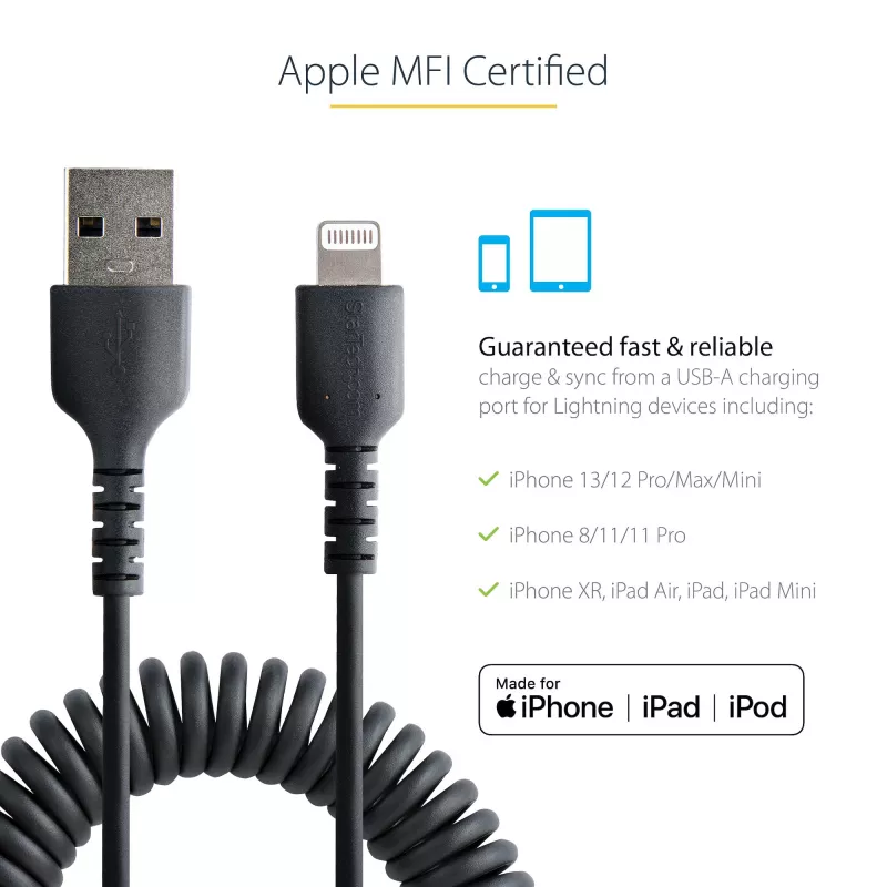 Cavo USB a Lightning StarTech.com 1 m (3 ft), certificato MFi, cavo di ricarica iPhone a spirale, nero, guaina TPE resistente in fibra aramidica, robusto cavo a spirale Lightning