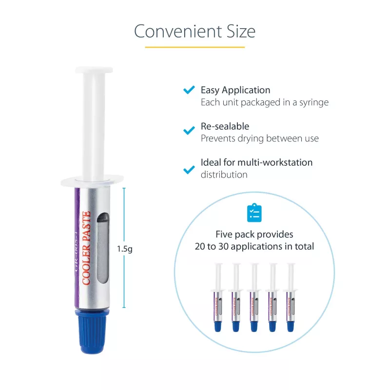 StarTech.com pasta termica, confezione da 5 siringhe richiudibili (1,5 g ciascuna), composto a base di ossido metallico, pasta termica per dissipatore CPU