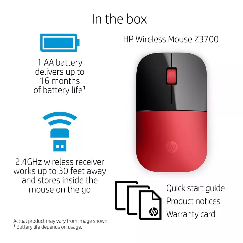 HP Z3700 Mouse wireless rosso, ambidestro, ottico, RF wireless, 1200 DPI, rosso