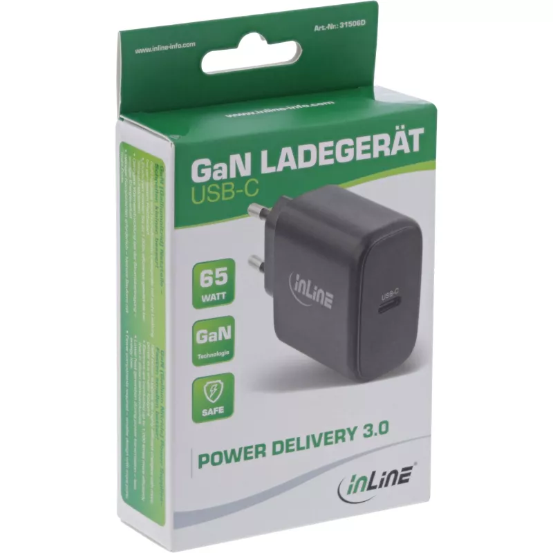 Alimentatore USB PD InLine, caricabatterie GaN, USB-C singolo, Power Delivery, 65 W