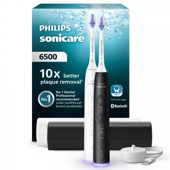 Spazzolino sonico Philips Series 6500 HX7419/01 — tecnologia sonica, 62.000 movimenti/min, 3 modalità, sensore di pressione, 2 manici, 2 testine, custodia da viaggio