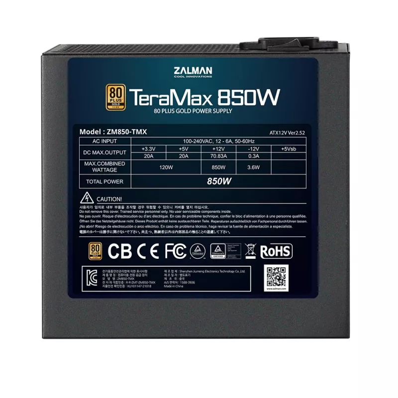 Zalman ZM850-TMX TeraMax alimentatore 850 W, 80 PLUS Gold, PFC attivo, ventola da 120 mm