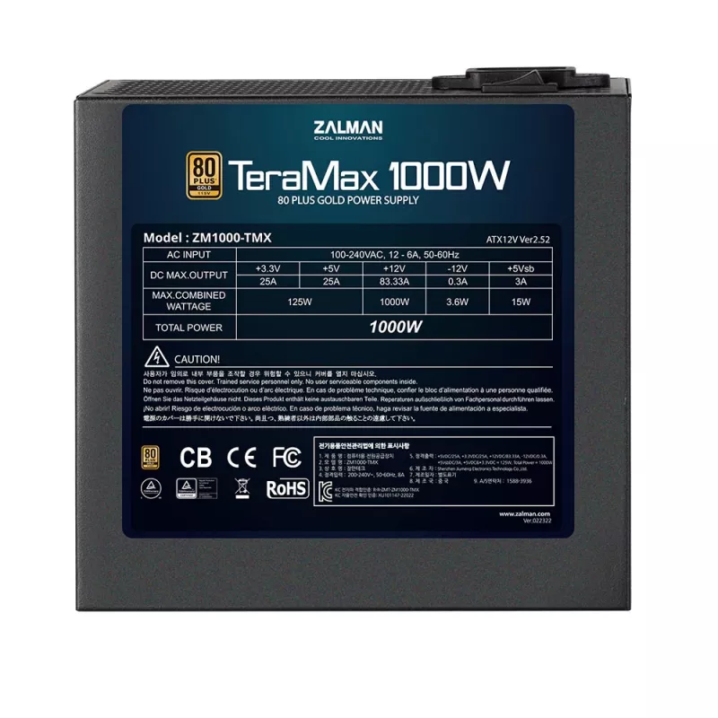 Alimentatore Zalman ZM1200-TMX 1200 W, 80 PLUS Gold, PFC attivo, ventola da 120 mm