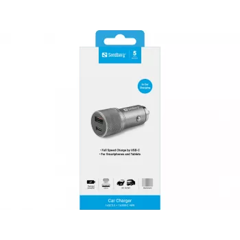 Caricabatterie da auto Sandberg 1xQC3.0+1xUSB-C 48W, auto, accendisigari, 12 V, metallizzato