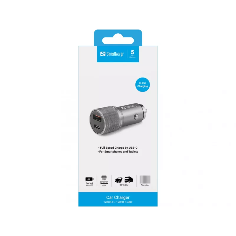 Caricabatterie da auto Sandberg 1xQC3.0+1xUSB-C 48W, auto, accendisigari, 12 V, metallizzato
