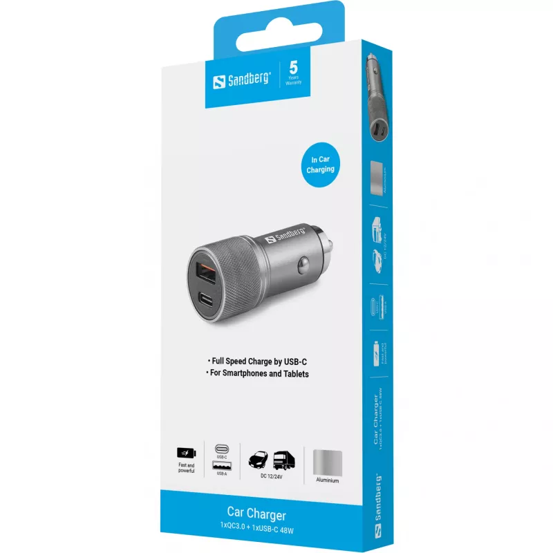 Caricabatterie da auto Sandberg 1xQC3.0+1xUSB-C 48W, auto, accendisigari, 12 V, metallizzato
