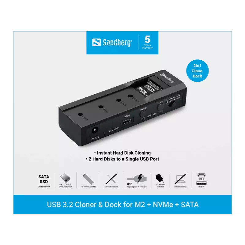 Clonatore e dock USB 3.2 Sandberg per M2 + NVMe + SATA