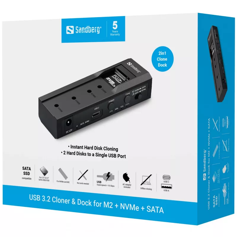 Clonatore e dock USB 3.2 Sandberg per M2 + NVMe + SATA