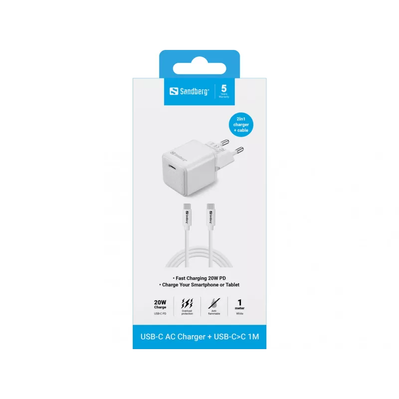 Caricabatterie Sandberg USB-C 20W Indoor AC cavo 1M ricarica rapida