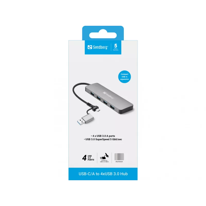 Hub Sandberg USB-C/A a 4xUSB 3.0 alluminio 5000 Mbit/s