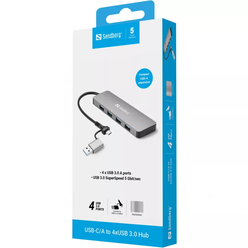 Hub Sandberg USB-C/A a 4xUSB 3.0 alluminio 5000 Mbit/s