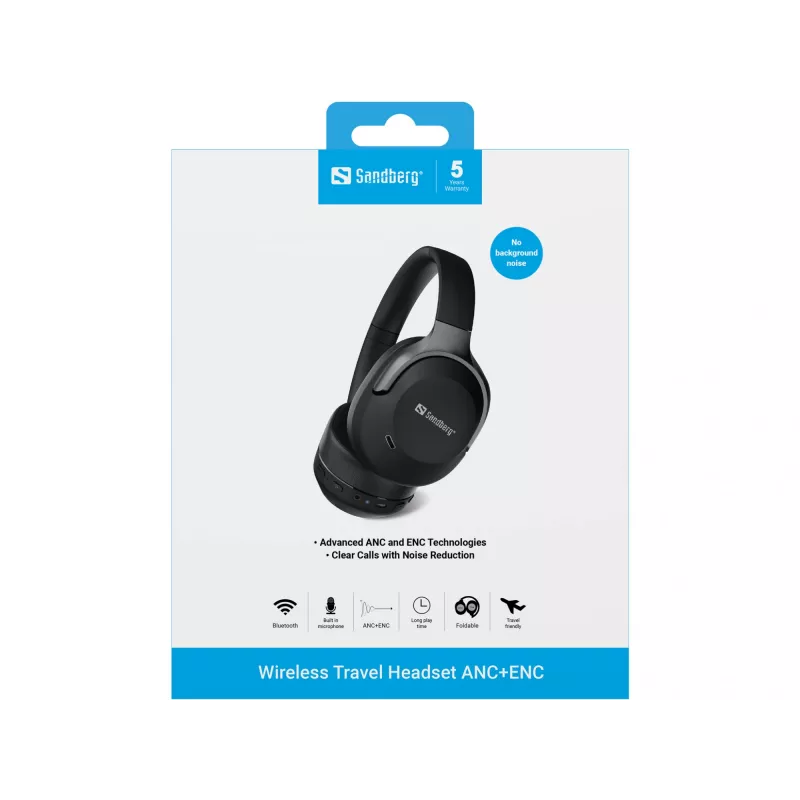 Cuffie wireless da viaggio Sandberg ANC+ENC, wireless, chiamate/musica, 228 g, cuffie, nero