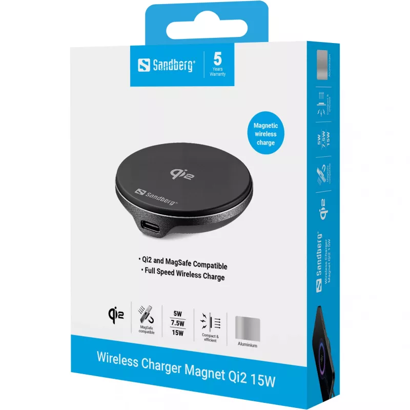 Caricabatterie wireless SANDBERG 441-61 Qi2 15W – base di ricarica wireless Qi2 compatibile con dispositivi Qi