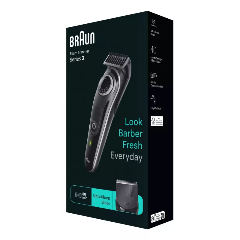 Rifinitore barba Braun BeardTrimmer 3 BT3440, lavabile, batteria, nero