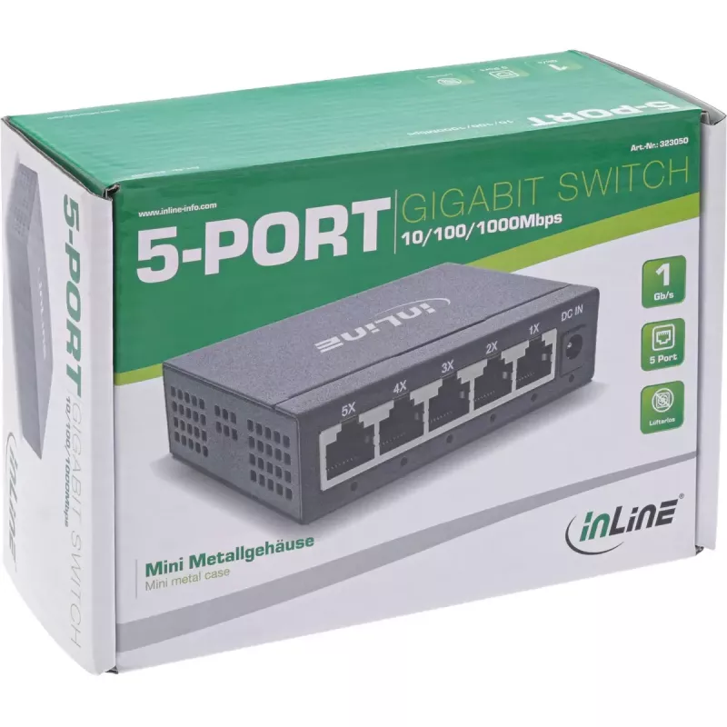 Switch di rete Gigabit InLine 5 porte, 1 Gb/s, desktop, case in metallo, senza ventola