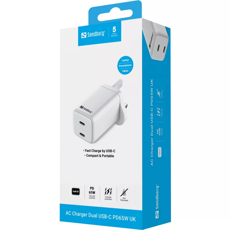 Caricabatterie AC SANDBERG Dual USB-C PD65W UK 441-62 — dual USB-C PD 65W, spina UK