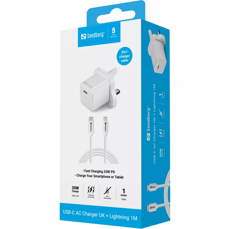 Caricabatterie USB-C SANDBERG 441-64 20W spina UK – ricarica rapida con USB Power Delivery