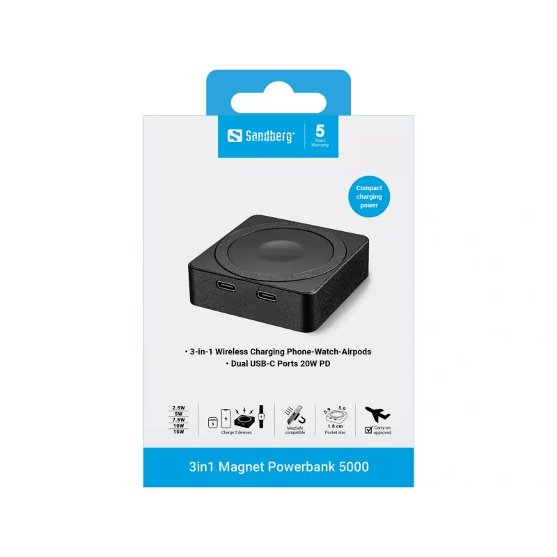 Batteria ricaricabile portatile Sandberg 3in1 Magnet Powerbank 5000, 5000 mAh