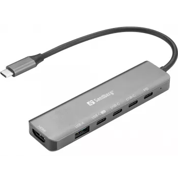 Docking hub SANDBERG USB-C 6-in-1 MediaDock — USB 3.2 Gen 1 Type-C 10 Gbit/s, 4K HDMI, PD fino a 100 W, 1×USB-A, 1×USB2.0, grigio