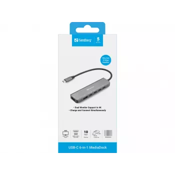 Docking hub SANDBERG USB-C 6-in-1 MediaDock — USB 3.2 Gen 1 Type-C 10 Gbit/s, 4K HDMI, PD fino a 100 W, 1×USB-A, 1×USB2.0, grigio