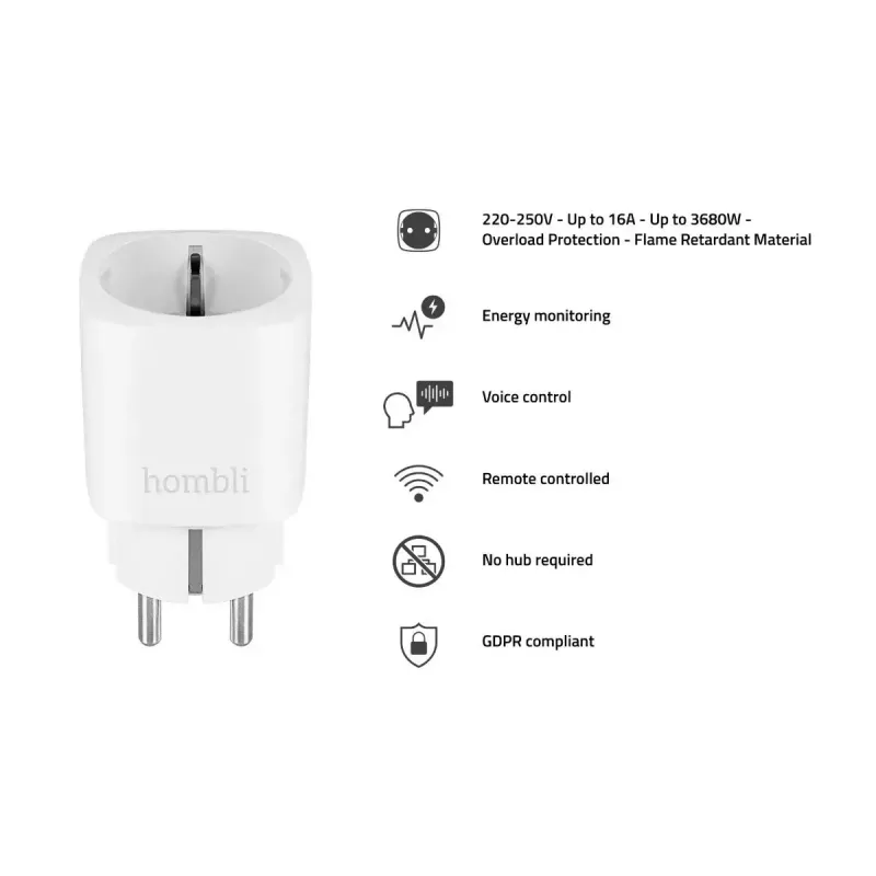 Hombli presa smart HBPP-0201, 3680 W, per interni, bianca, confezione promo 2+1 (3 pz.)