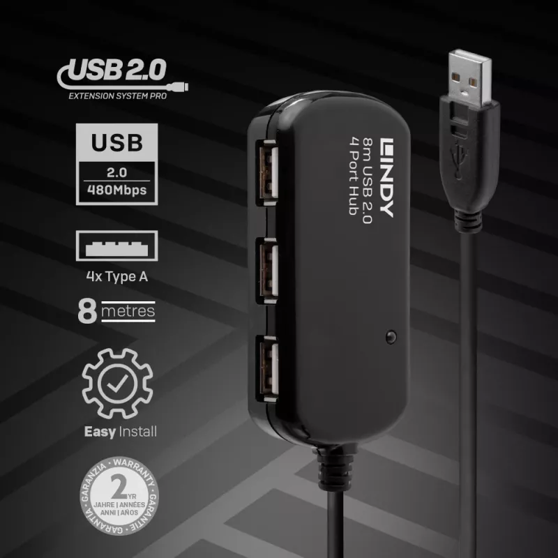 Hub prolunga attiva USB 2.0 Pro Lindy 8 m