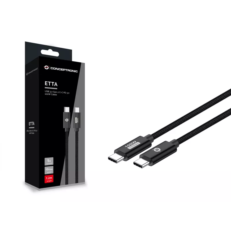 Cavo Conceptronic ETTA02B12 USB 3.2 Gen 2 C-C PD 3.0 100W 1,2 m, 20 V 5 A, 10 Gbit/s, E-Mark