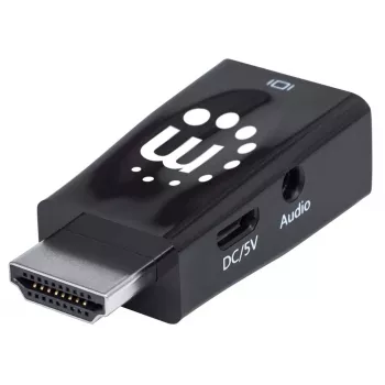 Convertitore Manhattan HDMI a VGA (con audio), 1080p, connettore maschio a femmina, ingresso alimentazione Micro-USB per alimentazione aggiuntiva se necessario, nero, tre anni di garanzia