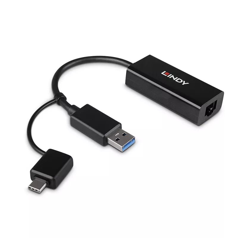 Convertitore Lindy USB 3.2 Gen 1 Gigabit Ethernet con filo USB Ethernet 5000 Mbit/s nero