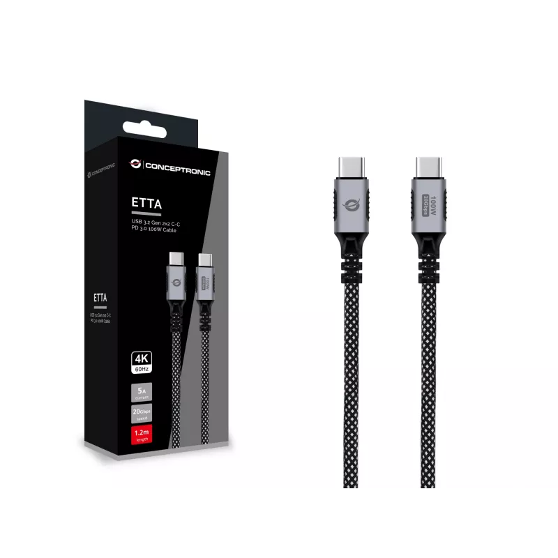 Cavo USB-C a USB-C CONCEPTRONIC ETTA07B12 – USB 3.2 Gen 2x2, 1,2 m, 20 Gbps, PD 3.0 100 W (20 V/5 A), 4K60Hz, nero, E-Mark