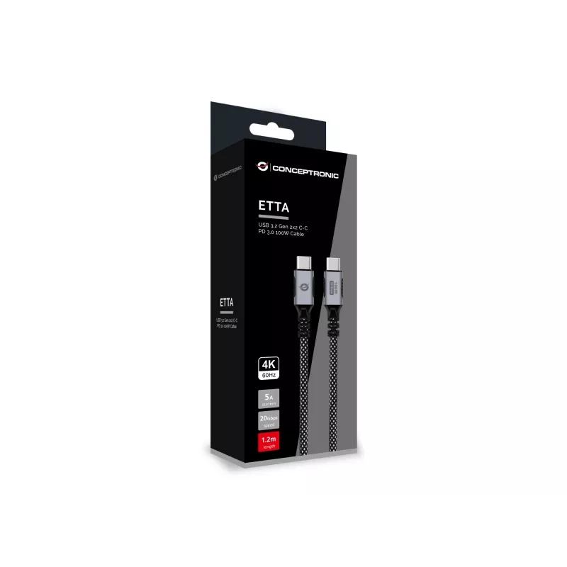 Cavo USB-C a USB-C CONCEPTRONIC ETTA07B12 – USB 3.2 Gen 2x2, 1,2 m, 20 Gbps, PD 3.0 100 W (20 V/5 A), 4K60Hz, nero, E-Mark