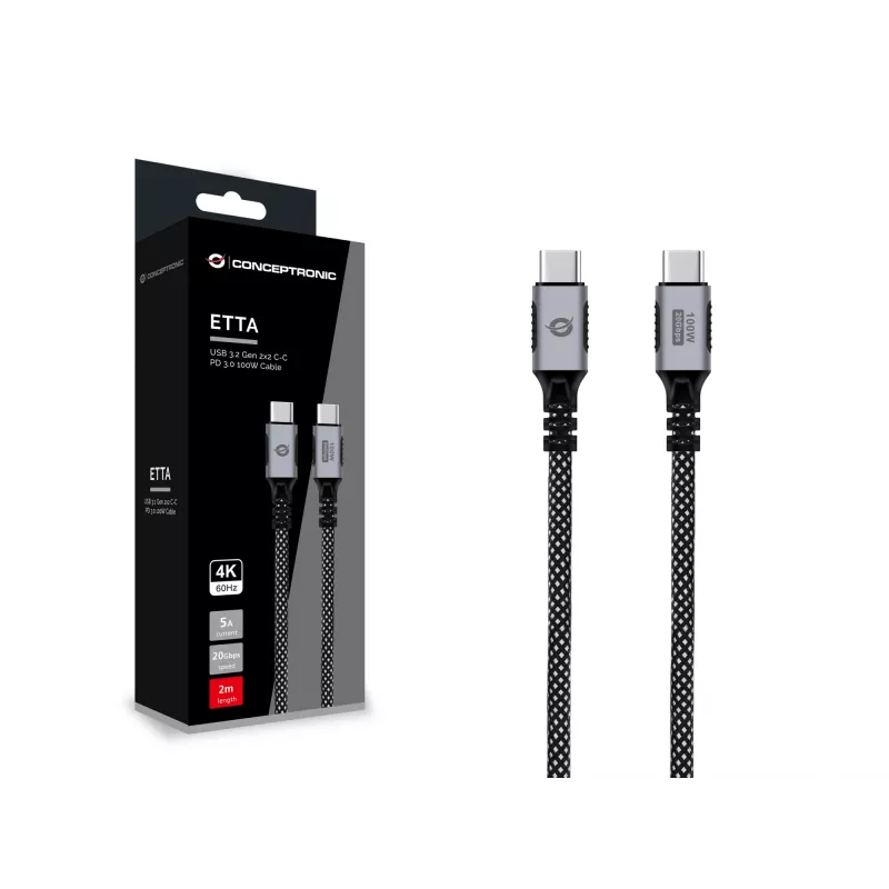 Cavo USB-C a USB-C CONCEPTRONIC ETTA07B20 — USB 3.2 Gen 2x2, 2 m, 20 Gbps, PD 3.0 100W (20V 5A), 4K@60Hz, E-mark
