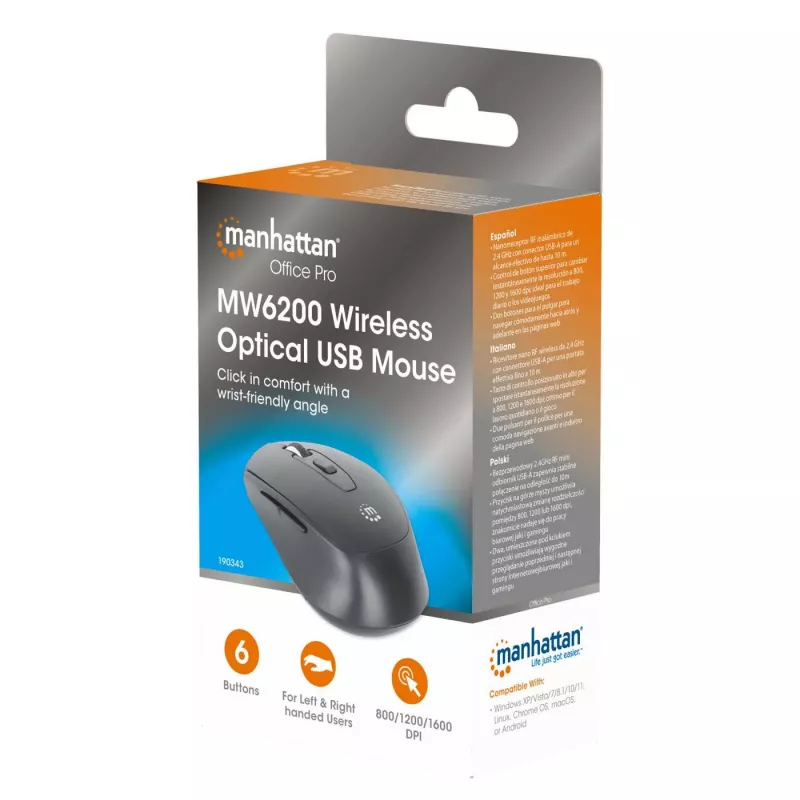 Manhattan MW6200 mouse wireless, ricevitore nano USB-A, nero