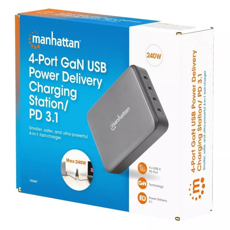 Manhattan 102667 stazione di ricarica GaN USB Power Delivery a 4 porte, 240 W