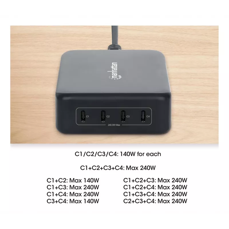 Manhattan 102667 stazione di ricarica GaN USB Power Delivery a 4 porte, 240 W
