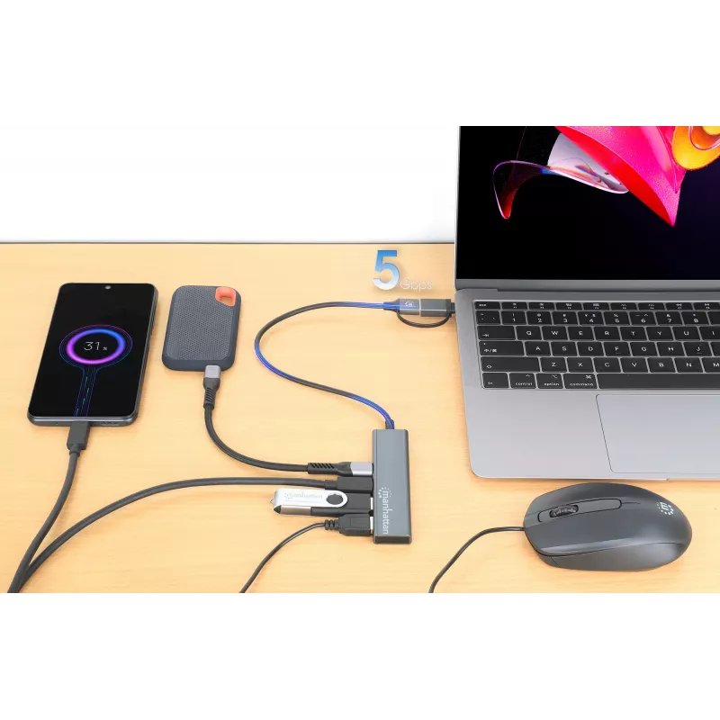 Dock/hub combo USB-C e USB-A Manhattan 4 porte 5 Gbps alluminio