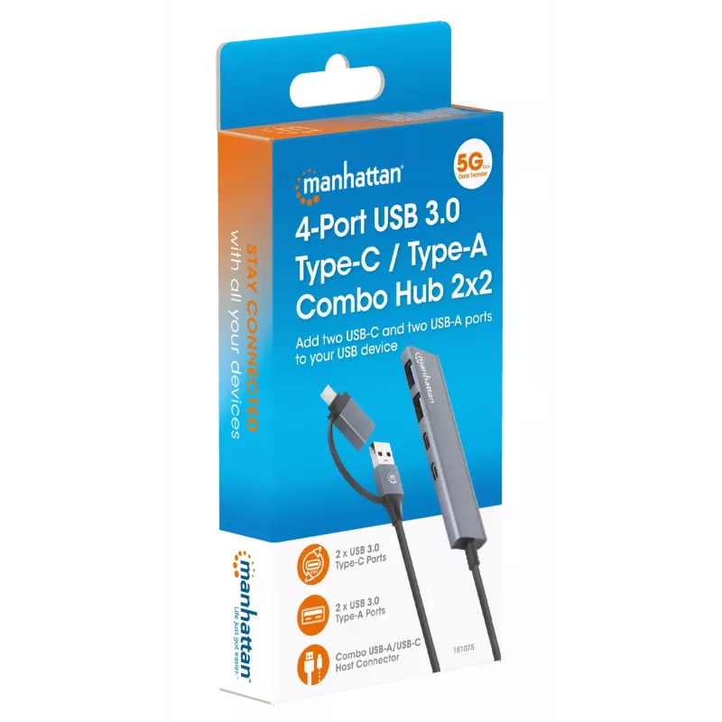 Dock/hub combo USB-C e USB-A Manhattan 4 porte 5 Gbps alluminio