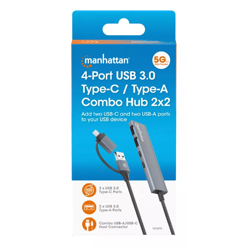 Dock/hub combo USB-C e USB-A Manhattan 4 porte 5 Gbps alluminio