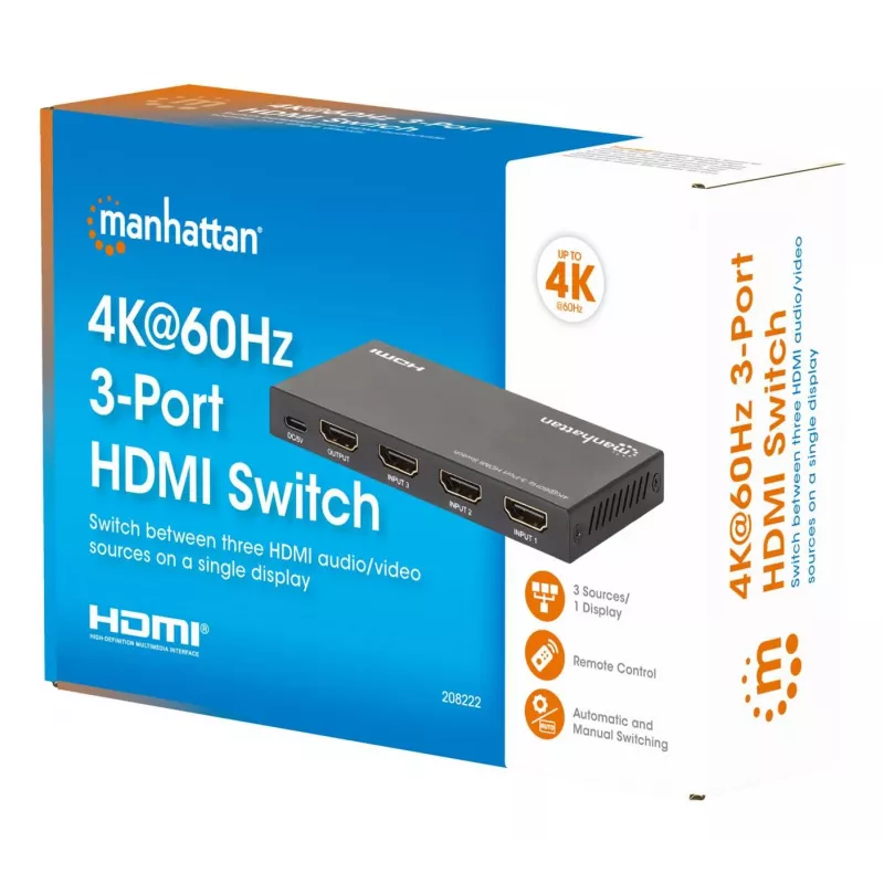 Switch HDMI 3x1 MANHATTAN 18G automatico manuale telecomando IR nero
