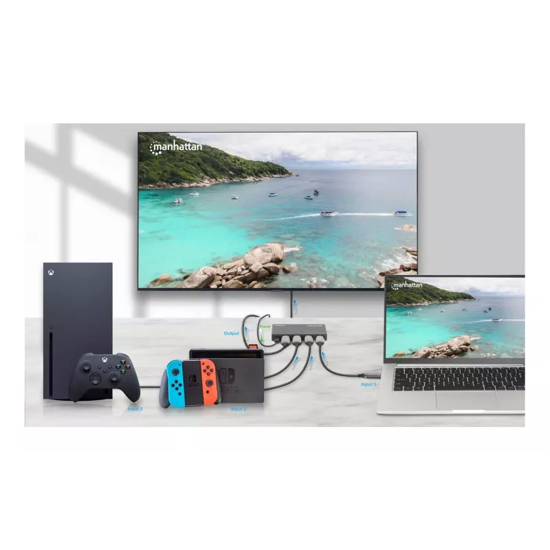 Switch HDMI 3x1 MANHATTAN 18G automatico manuale telecomando IR nero