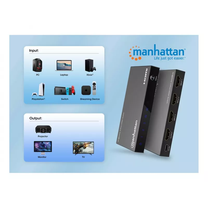 Switch HDMI 3x1 MANHATTAN 18G automatico manuale telecomando IR nero