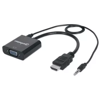 Cavo convertitore Manhattan HDMI a VGA (con audio), 1080p, 30 cm, maschio su femmina, ingresso alimentazione Micro-USB per alimentazione aggiuntiva se necessario, nero, garanzia tre anni