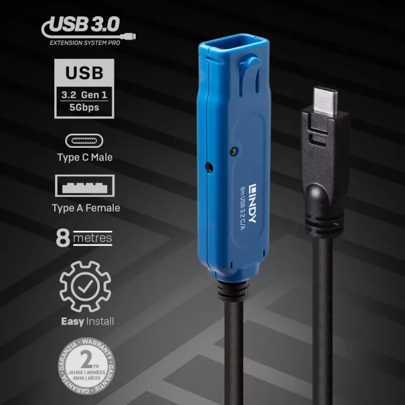 Lindy 43381 cavo USB USB 3.2 Gen 1 (3.1 Gen 1) 8 m USB C USB A nero, blu