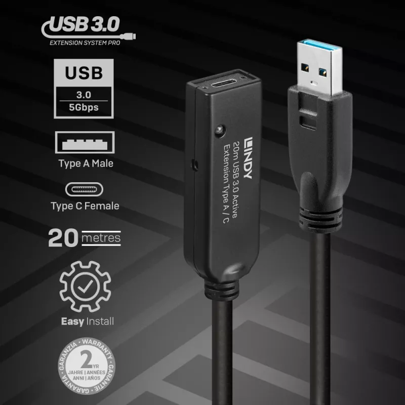 Lindy 20 m prolunga attiva USB 3.0 Type A su C