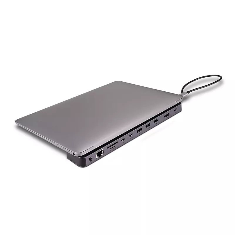 Lindy DST-Mini XT 810, mini docking station per laptop USB-C con display singolo (8K) o doppio display (4K60) e ricarica passante 100W