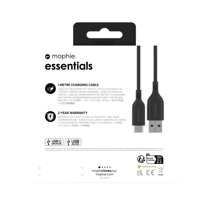 Mophie Essentials cavo di ricarica | cavo USB 1 m USB 2.0 USB A a USB C nero