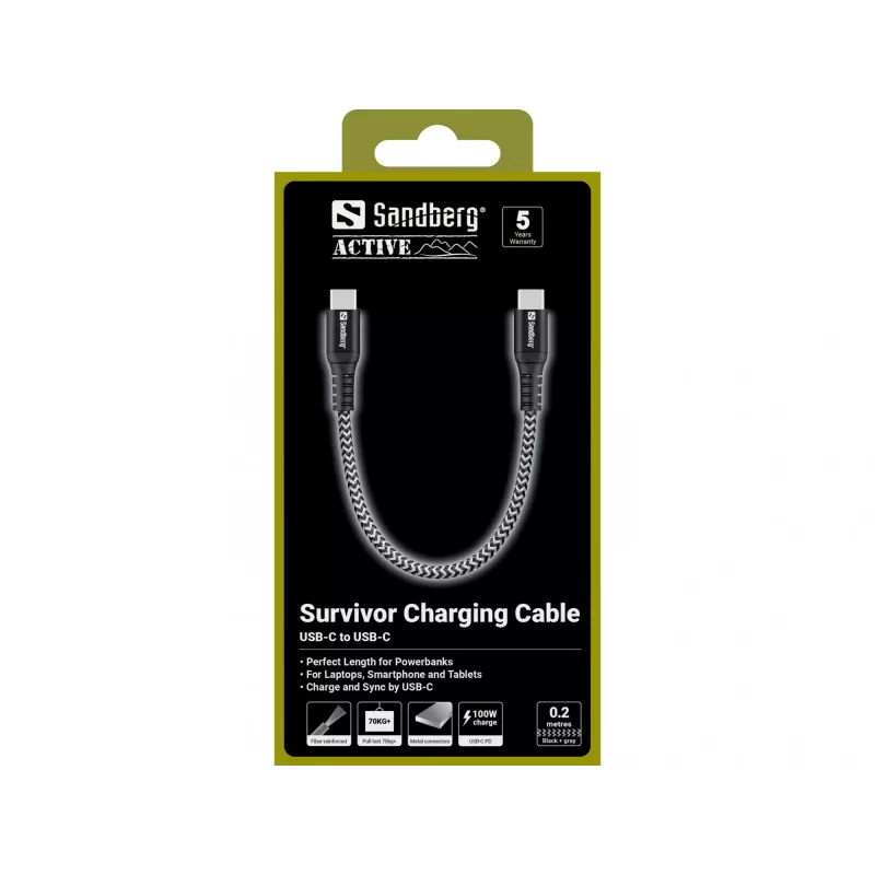 Cavo USB-C Sandberg Survivor 0,2 m 100 W nero bianco