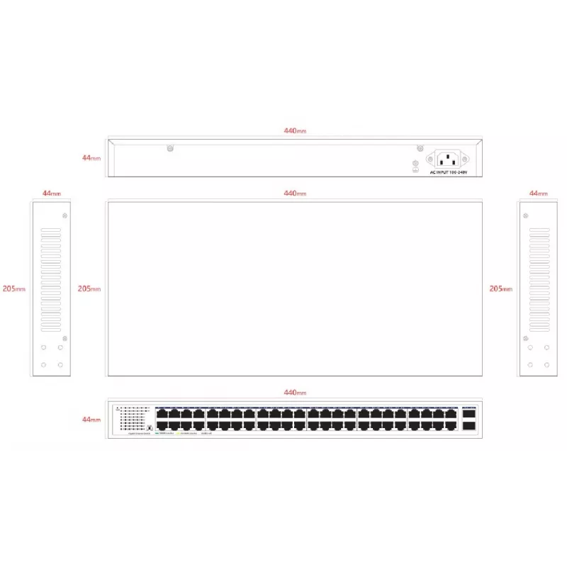 Switch non gestito Lanview LVN-1UMOUNT-48PORT-2SFP-1G — 48x porte RJ45 1G, 2x uplink SFP